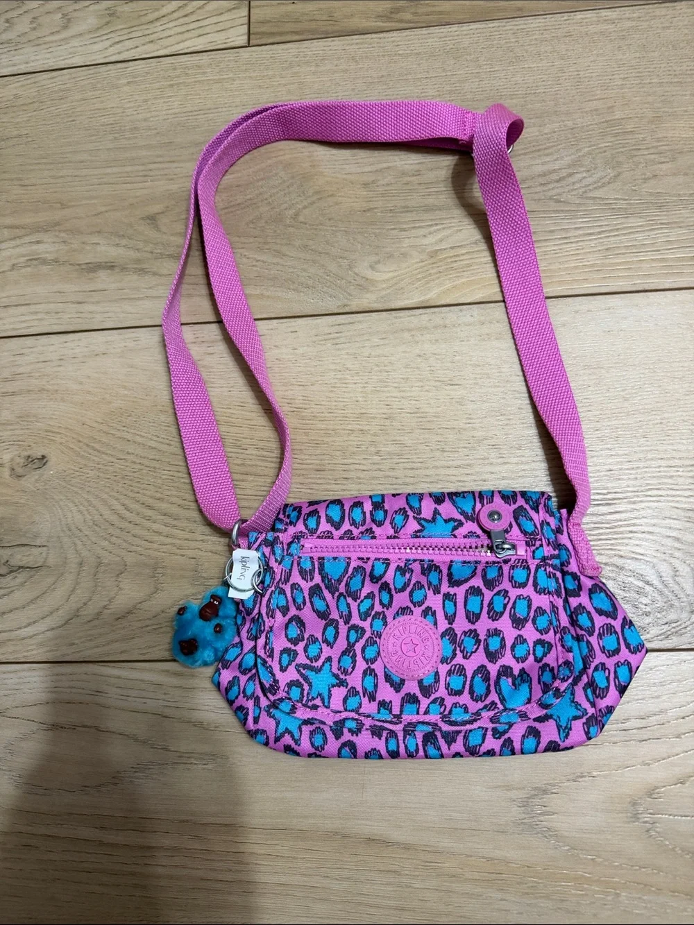 Kipling Pink and Teal Leopard Kids Crossbody Bag